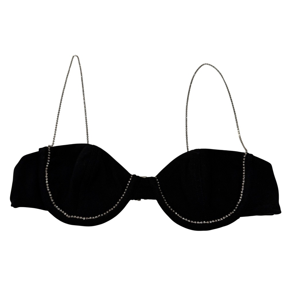 White Fox Black Rhinestone Chain Strap Balconette Crop Top XS Sweetheart Neck